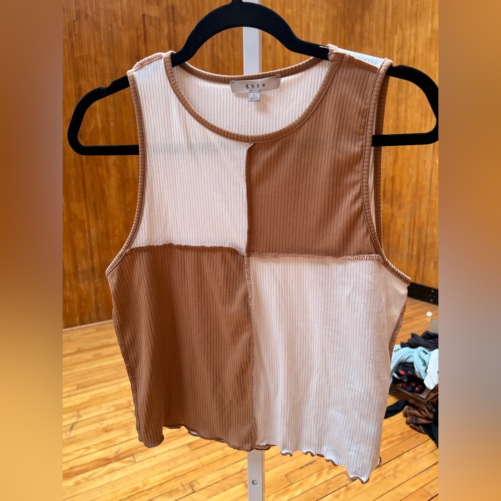 Gaze Cream and Brown Ribbed Crop Tank Top